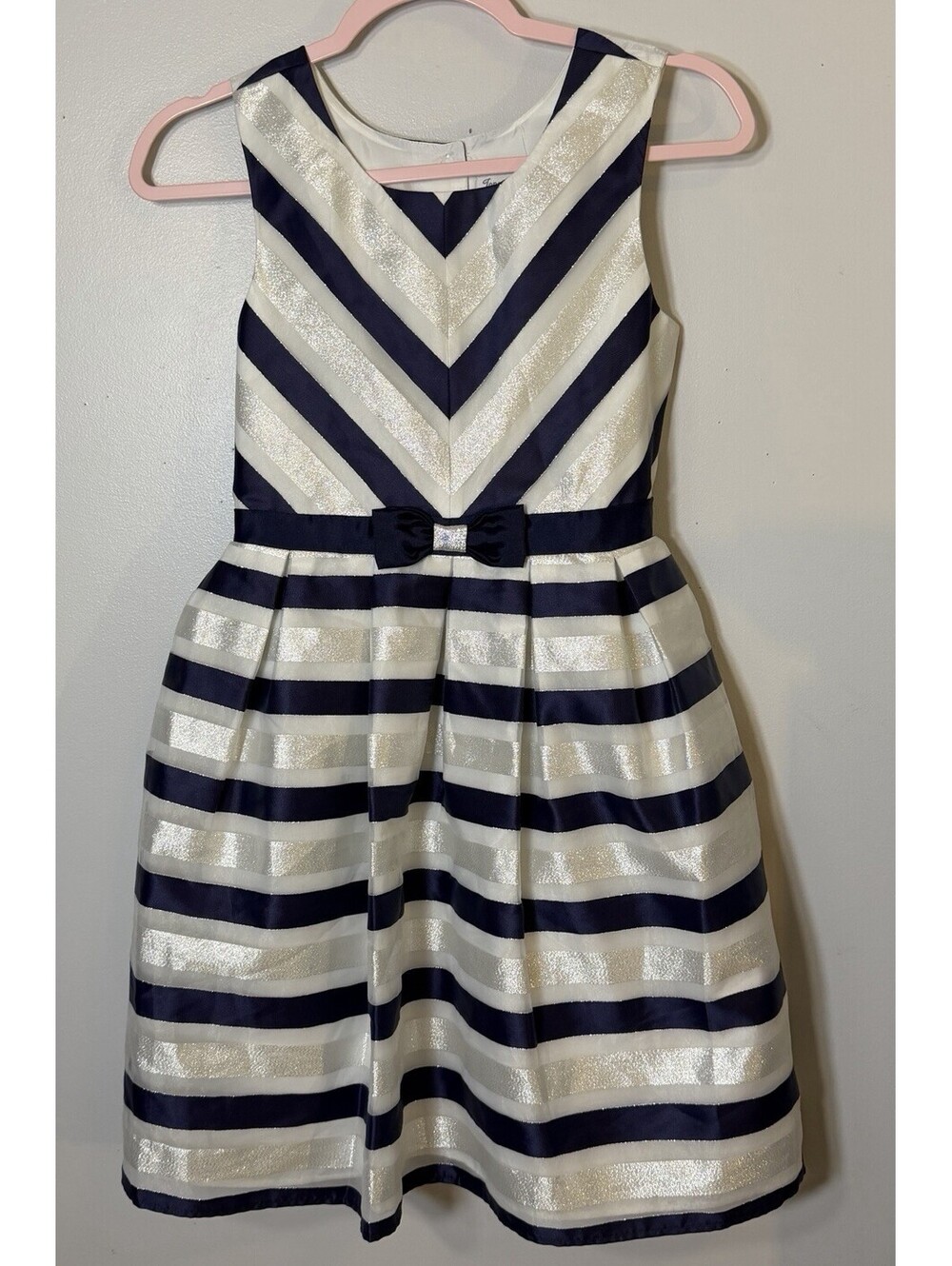 Jona Michelle Girls Navy White Metallic Stripe Dress Holiday Party Fit Flare 12